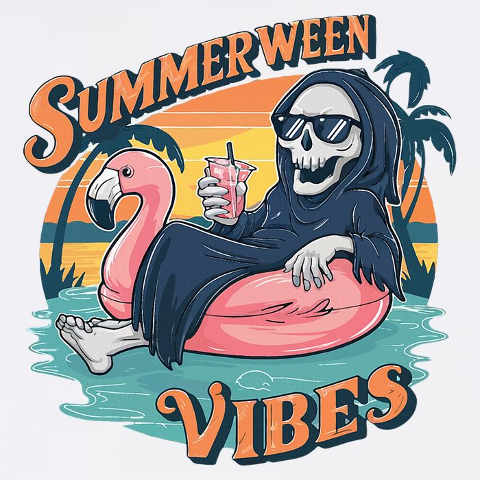 Summerween Vibes Skeleton Flamingo Float Summer Halloween Poster