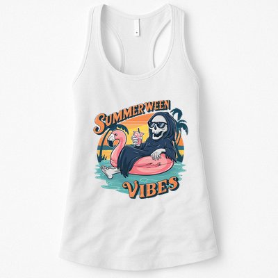 Summerween Vibes Skeleton Flamingo Float Summer Halloween Womens Tank Top