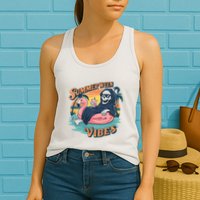 Summerween Vibes Skeleton Flamingo Float Summer Halloween Womens Tank Top