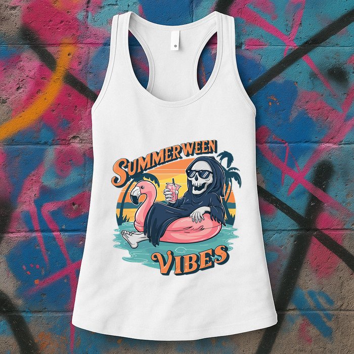 Summerween Vibes Skeleton Flamingo Float Summer Halloween Womens Tank Top