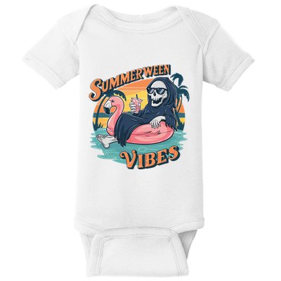 Summerween Vibes Skeleton Flamingo Float Summer Halloween Baby Bodysuit