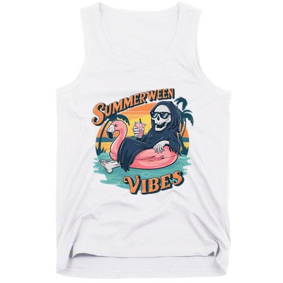 Summerween Vibes Skeleton Flamingo Float Summer Halloween Tank Top