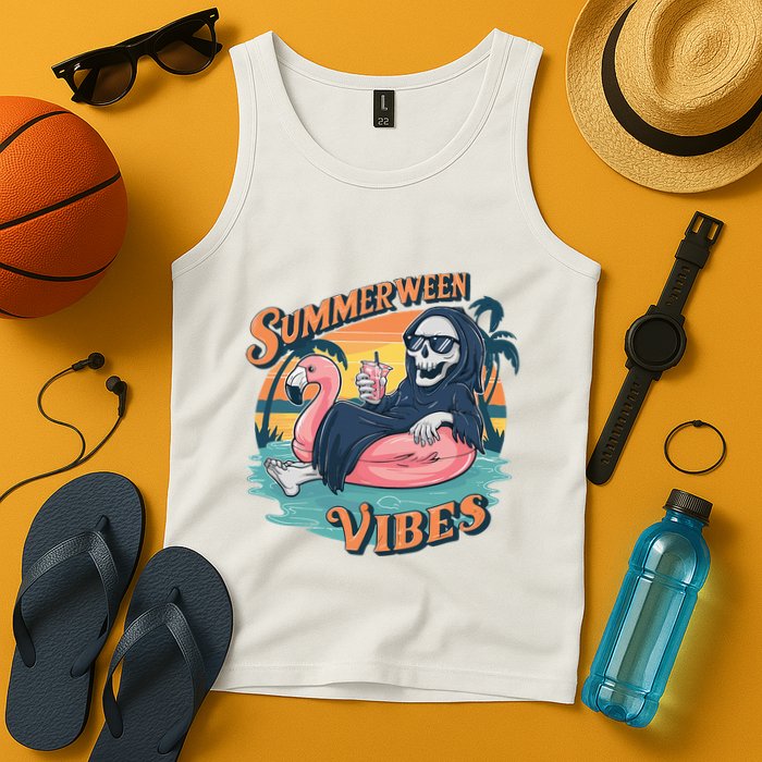 Summerween Vibes Skeleton Flamingo Float Summer Halloween Tank Top