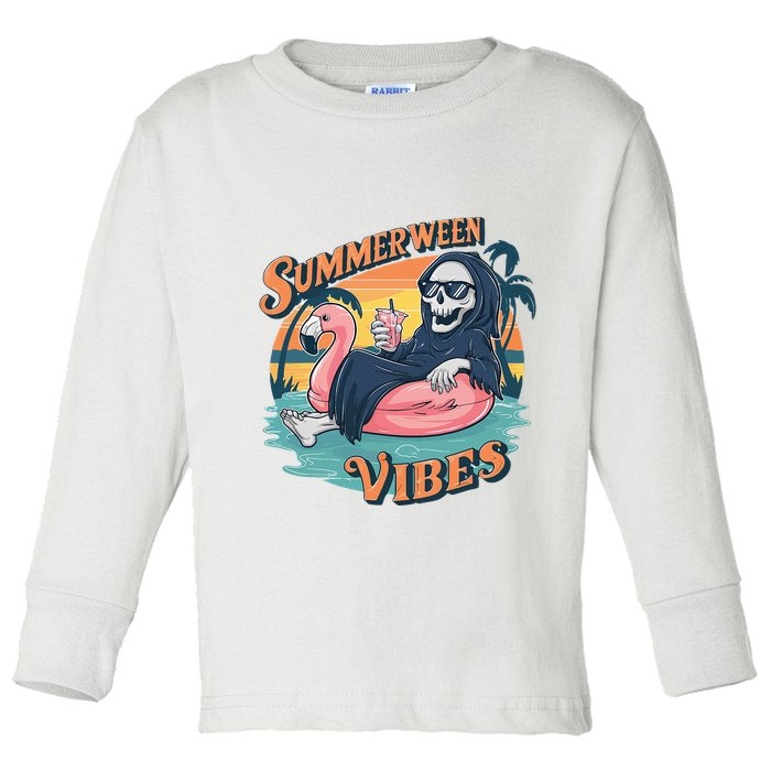 Summerween Vibes Skeleton Flamingo Float Summer Halloween Toddler Long Sleeve Shirt