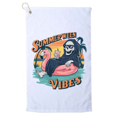 Summerween Vibes Skeleton Flamingo Float Summer Halloween Golf Towel