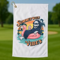 Summerween Vibes Skeleton Flamingo Float Summer Halloween Golf Towel