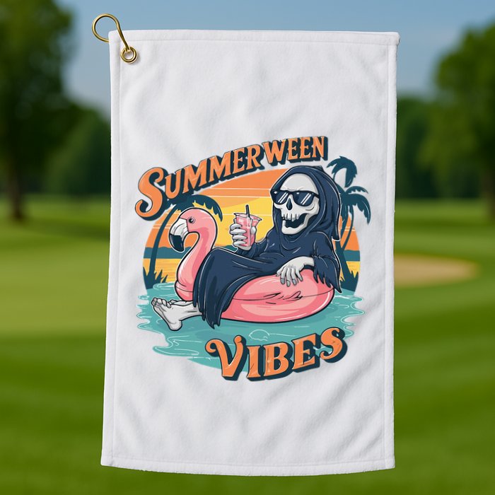Summerween Vibes Skeleton Flamingo Float Summer Halloween Golf Towel