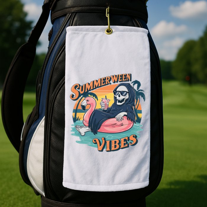 Summerween Vibes Skeleton Flamingo Float Summer Halloween Golf Towel