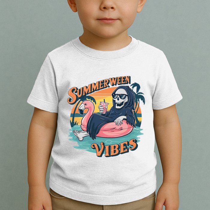 Summerween Vibes Skeleton Flamingo Float Summer Halloween Toddler T-Shirt