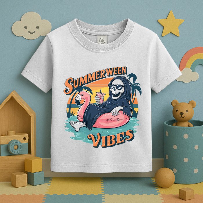 Summerween Vibes Skeleton Flamingo Float Summer Halloween Toddler T-Shirt