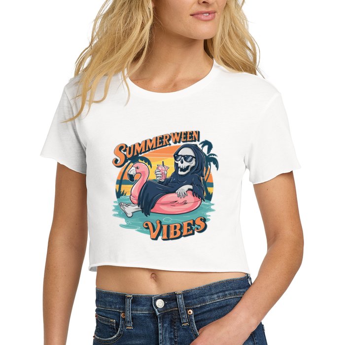 Summerween Vibes Skeleton Flamingo Float Summer Halloween Crop Top