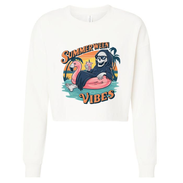 Summerween Vibes Skeleton Flamingo Float Summer Halloween Cropped Pullover Crew