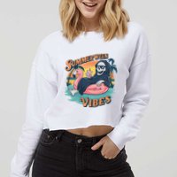 Summerween Vibes Skeleton Flamingo Float Summer Halloween Cropped Pullover Crew