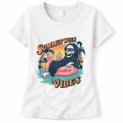 Summerween Vibes Skeleton Flamingo Float Summer Halloween Womens T-Shirt