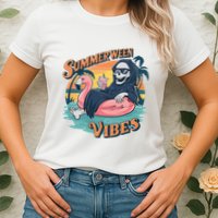 Summerween Vibes Skeleton Flamingo Float Summer Halloween Womens T-Shirt