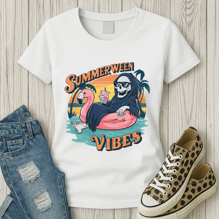 Summerween Vibes Skeleton Flamingo Float Summer Halloween Womens T-Shirt