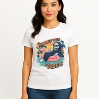 Summerween Vibes Skeleton Flamingo Float Summer Halloween Womens T-Shirt