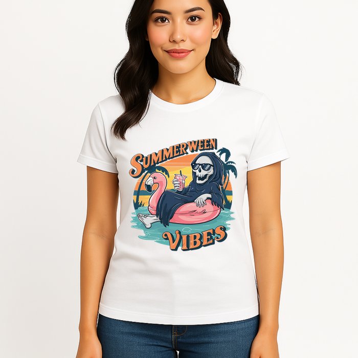 Summerween Vibes Skeleton Flamingo Float Summer Halloween Womens T-Shirt