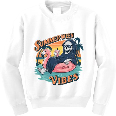 Summerween Vibes Skeleton Flamingo Float Summer Halloween Kids Sweatshirt