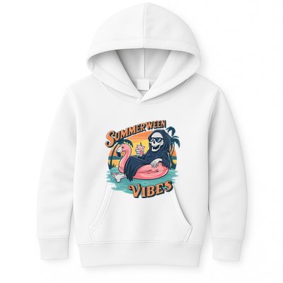 Summerween Vibes Skeleton Flamingo Float Summer Halloween Kids Hoodie