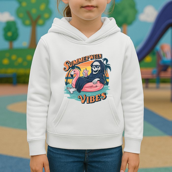 Summerween Vibes Skeleton Flamingo Float Summer Halloween Kids Hoodie