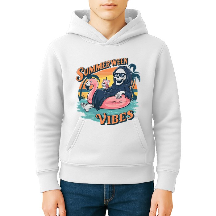 Summerween Vibes Skeleton Flamingo Float Summer Halloween Kids Hoodie