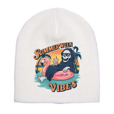 Summerween Vibes Skeleton Flamingo Float Summer Halloween Short Acrylic Beanie