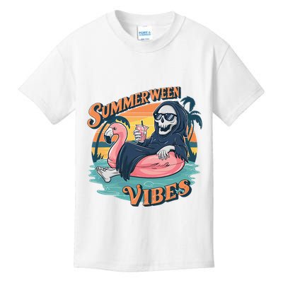Summerween Vibes Skeleton Flamingo Float Summer Halloween Kids T-Shirt