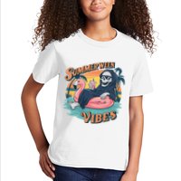Summerween Vibes Skeleton Flamingo Float Summer Halloween Kids T-Shirt