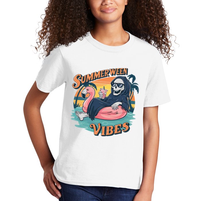 Summerween Vibes Skeleton Flamingo Float Summer Halloween Kids T-Shirt