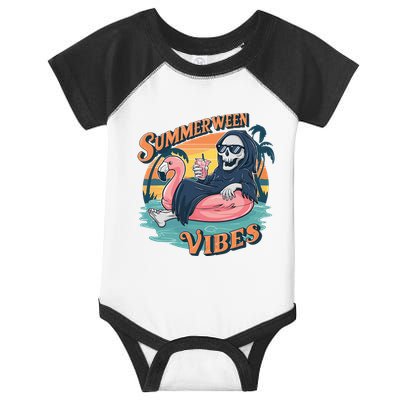 Summerween Vibes Skeleton Flamingo Float Summer Halloween Infant Baby Jersey Bodysuit