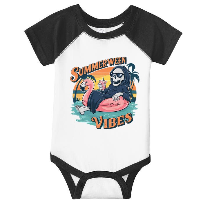 Summerween Vibes Skeleton Flamingo Float Summer Halloween Infant Baby Jersey Bodysuit