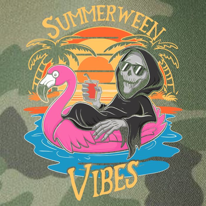Summerween Vibes Skeleton Flamingo Spooky Halloween Summer Legacy Tie Dye Trucker Hat