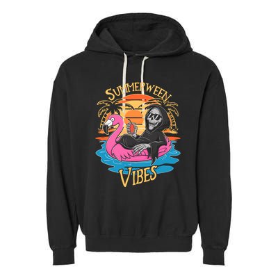 Summerween Vibes Skeleton Flamingo Spooky Halloween Summer Garment-Dyed Fleece Hoodie