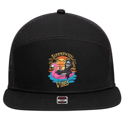 Summerween Vibes Skeleton Flamingo Spooky Halloween Summer 7 Panel Mesh Trucker Snapback Hat