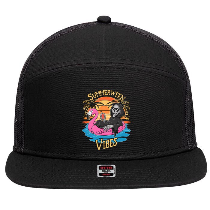 Summerween Vibes Skeleton Flamingo Spooky Halloween Summer 7 Panel Mesh Trucker Snapback Hat