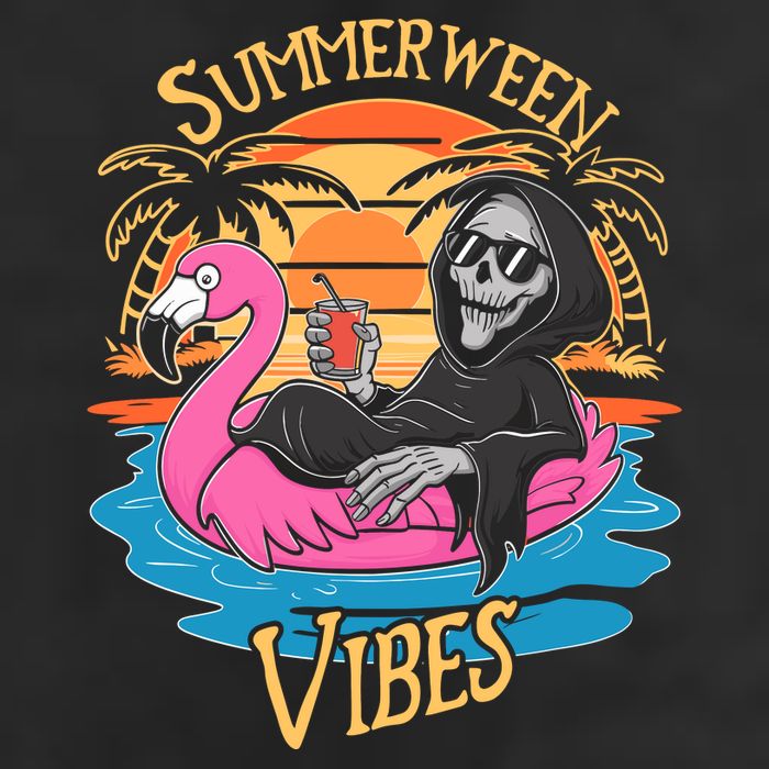 Summerween Vibes Skeleton Flamingo Spooky Halloween Summer 7 Panel Mesh Trucker Snapback Hat