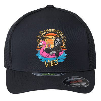 Summerween Vibes Skeleton Flamingo Spooky Halloween Summer Flexfit Unipanel Trucker Cap