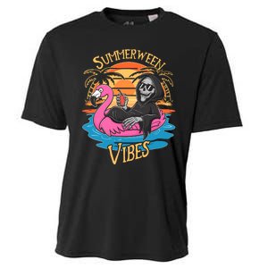 Summerween Vibes Skeleton Flamingo Spooky Halloween Summer Cooling Performance Crew T-Shirt