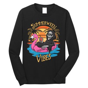 Summerween Vibes Skeleton Flamingo Spooky Halloween Summer Long Sleeve Shirt