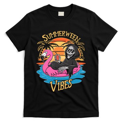 Summerween Vibes Skeleton Flamingo Spooky Halloween Summer T-Shirt