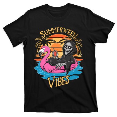 Summerween Vibes Skeleton Flamingo Spooky Halloween Summer T-Shirt