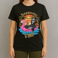 Summerween Vibes Skeleton Flamingo Spooky Halloween Summer T-Shirt