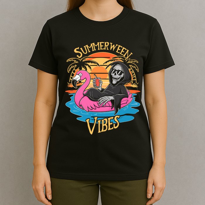 Summerween Vibes Skeleton Flamingo Spooky Halloween Summer T-Shirt