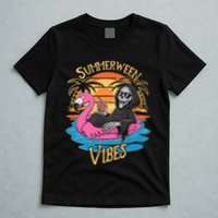 Summerween Vibes Skeleton Flamingo Spooky Halloween Summer T-Shirt