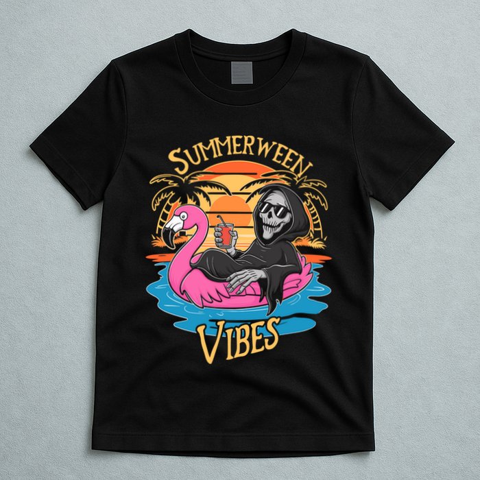 Summerween Vibes Skeleton Flamingo Spooky Halloween Summer T-Shirt