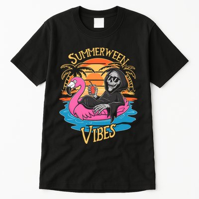 Summerween Vibes Skeleton Flamingo Spooky Halloween Summer Tall T-Shirt