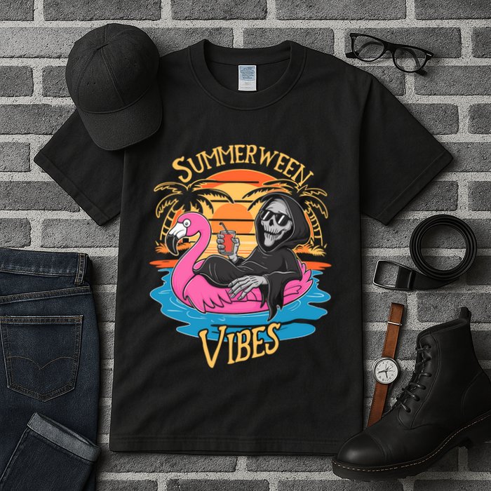 Summerween Vibes Skeleton Flamingo Spooky Halloween Summer Tall T-Shirt