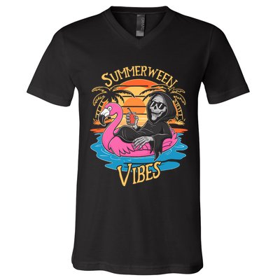 Summerween Vibes Skeleton Flamingo Spooky Halloween Summer V-Neck T-Shirt