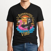 Summerween Vibes Skeleton Flamingo Spooky Halloween Summer V-Neck T-Shirt